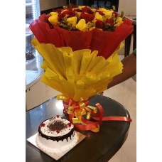 20 Red And Yellow Roses Bunch with Red And Yellow Paper Packing + 1/2 KG. Black Forest Cake
